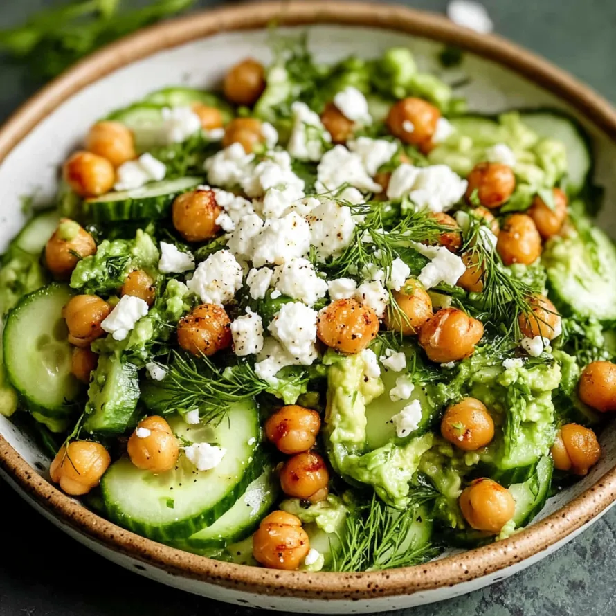A bowl of vegetables with cucumbers, avocado, and chickpeas.