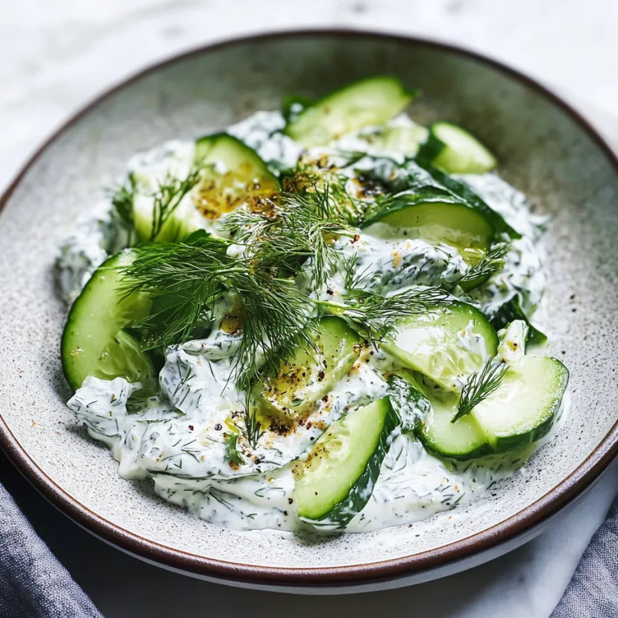 A bowl of cucumber dip with a sprig of parsley on top.