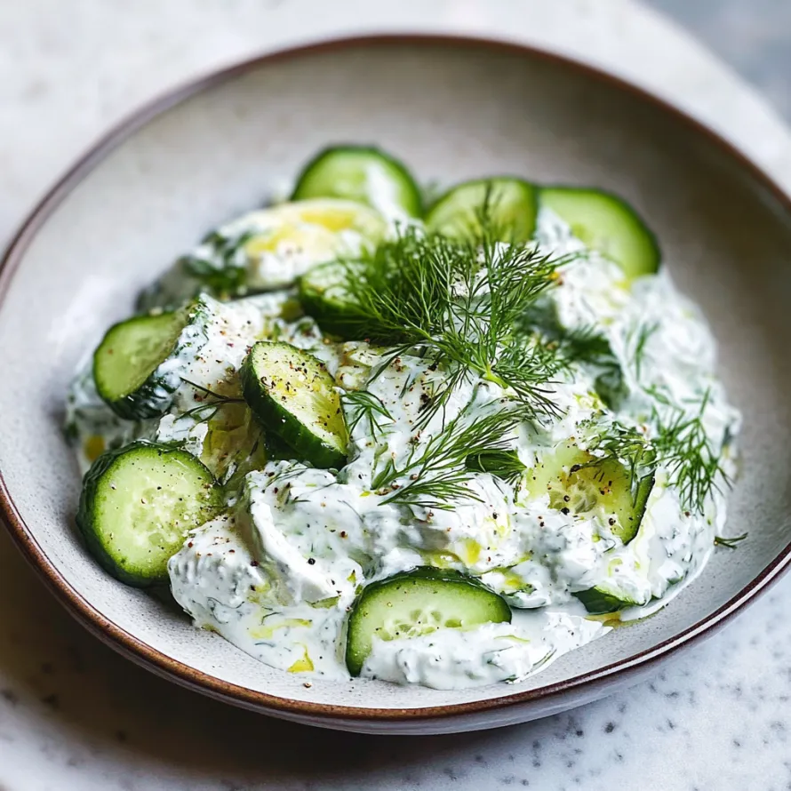 A bowl of cucumber salad with a sprig of parsley on top.