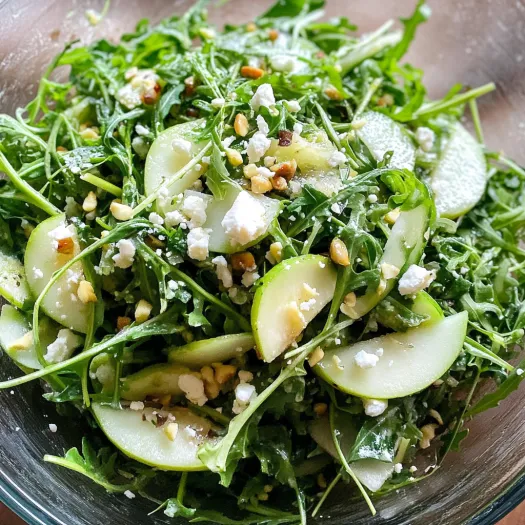A bowl of salad with feta cheese and walnuts.