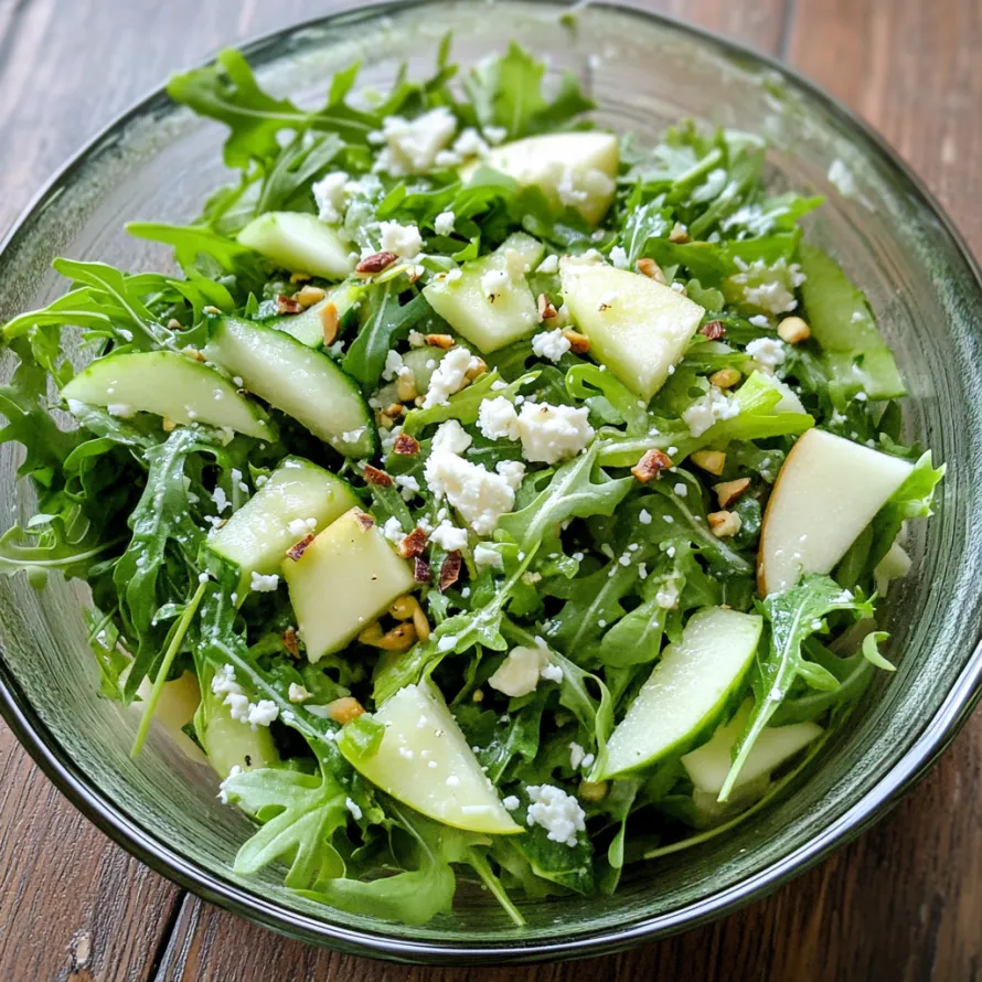 A bowl of salad with cucumbers, apples, and cheese.