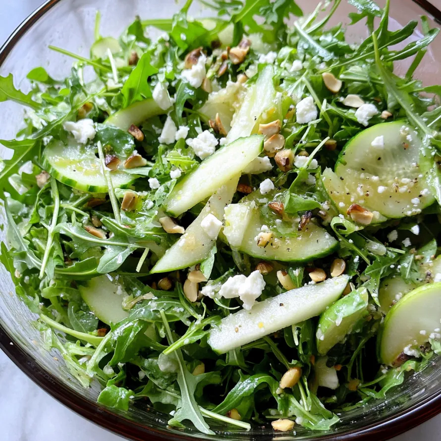A bowl of salad with cucumbers, spinach, and nuts.