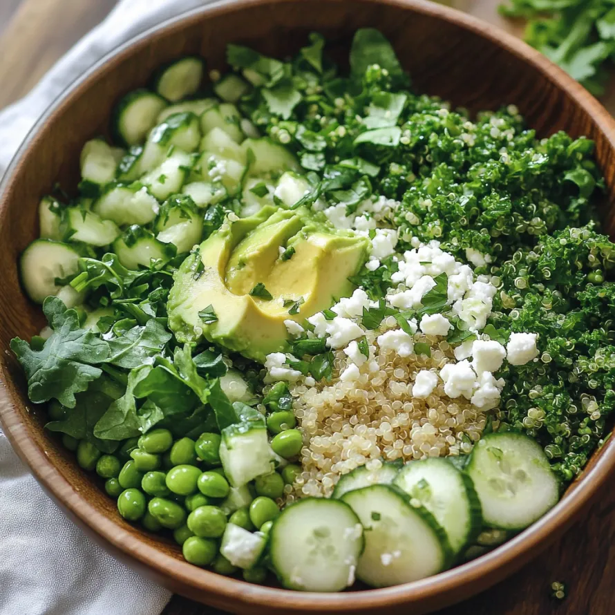 A bowl of vegetables with cucumbers, peas, and avocado.