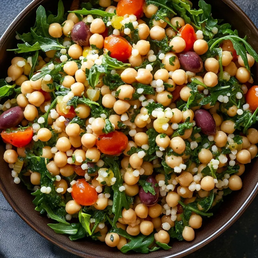 A bowl of salad with chickpeas, tomatoes, and spinach.