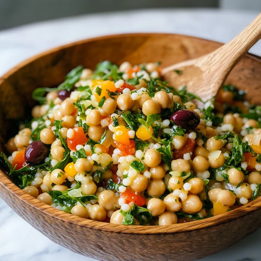 A wooden bowl filled with a salad of chickpeas, tomatoes, and greens.