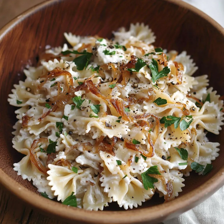 A bowl of pasta with cheese and onions.