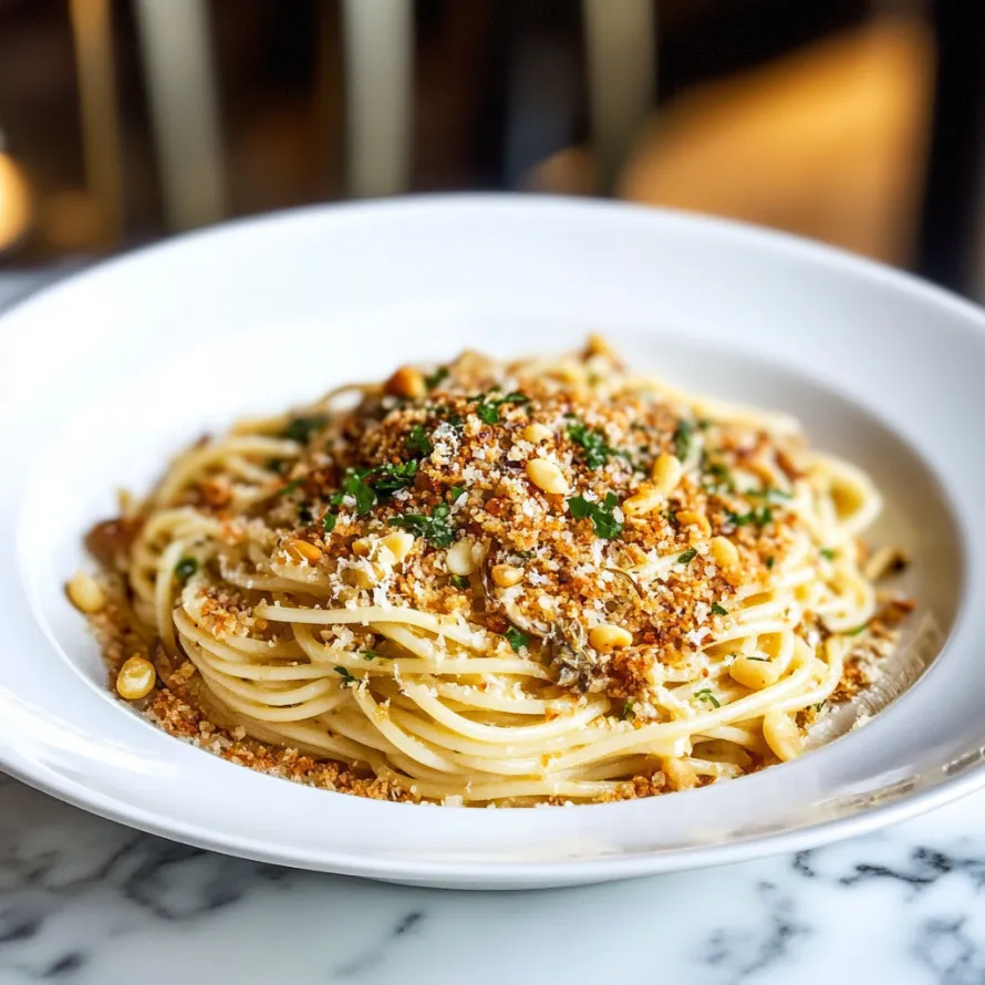 A plate of pasta with nuts on top.