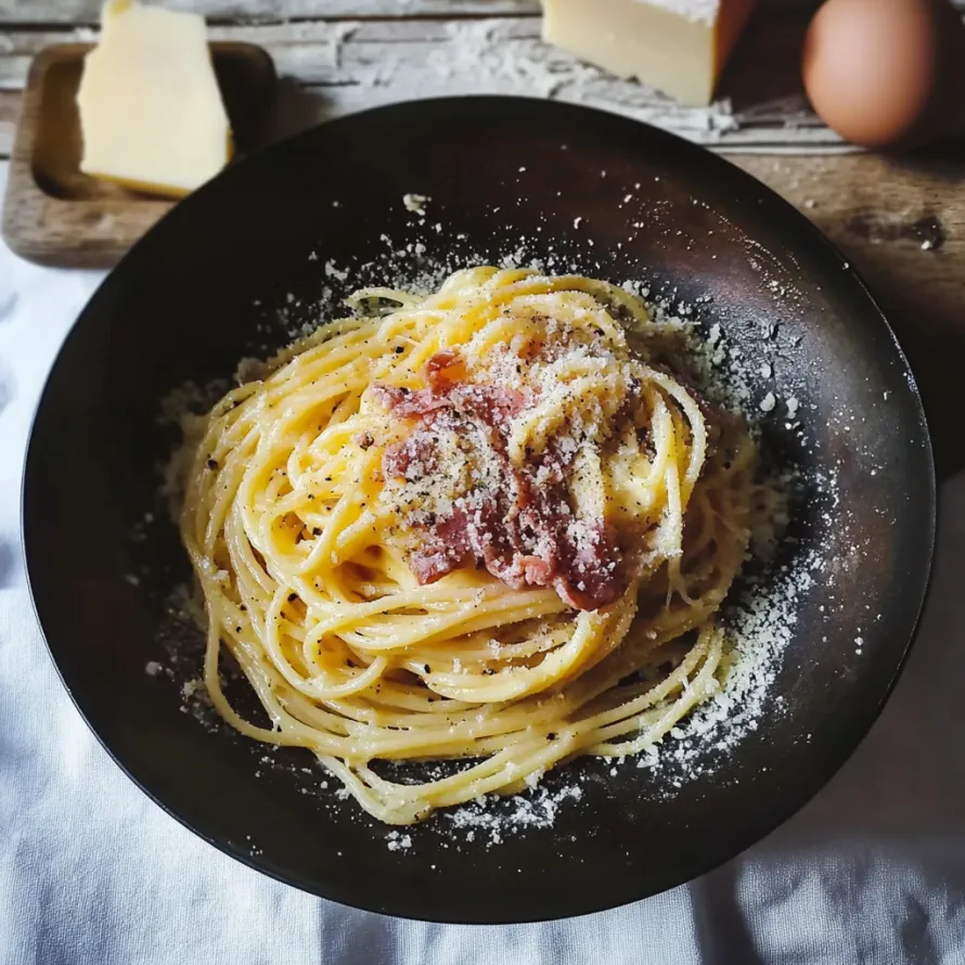 A bowl of pasta with cheese and bacon.