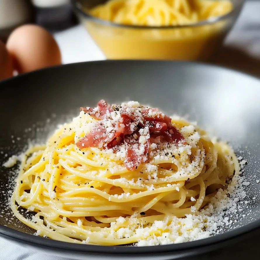 A bowl of pasta with bacon and cheese.
