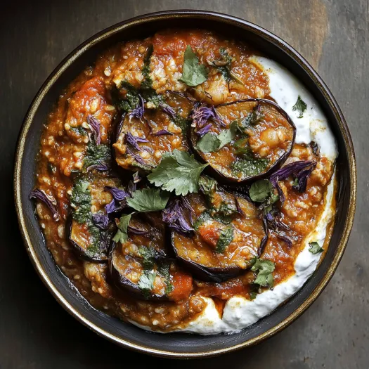 A bowl of food with purple and green toppings.