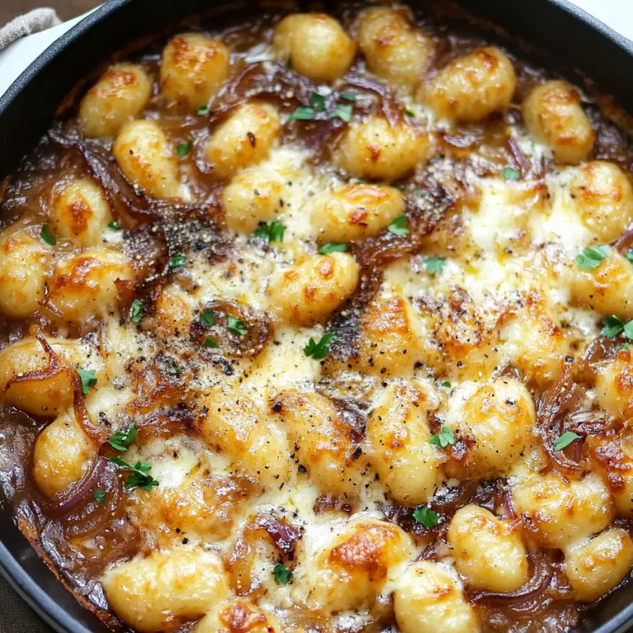 A dish of pasta with cheese and onions.