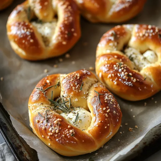 A tray of bread with cheese and herbs.
