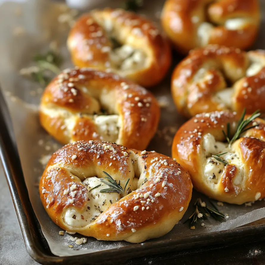 A tray of bread with cheese and herbs.