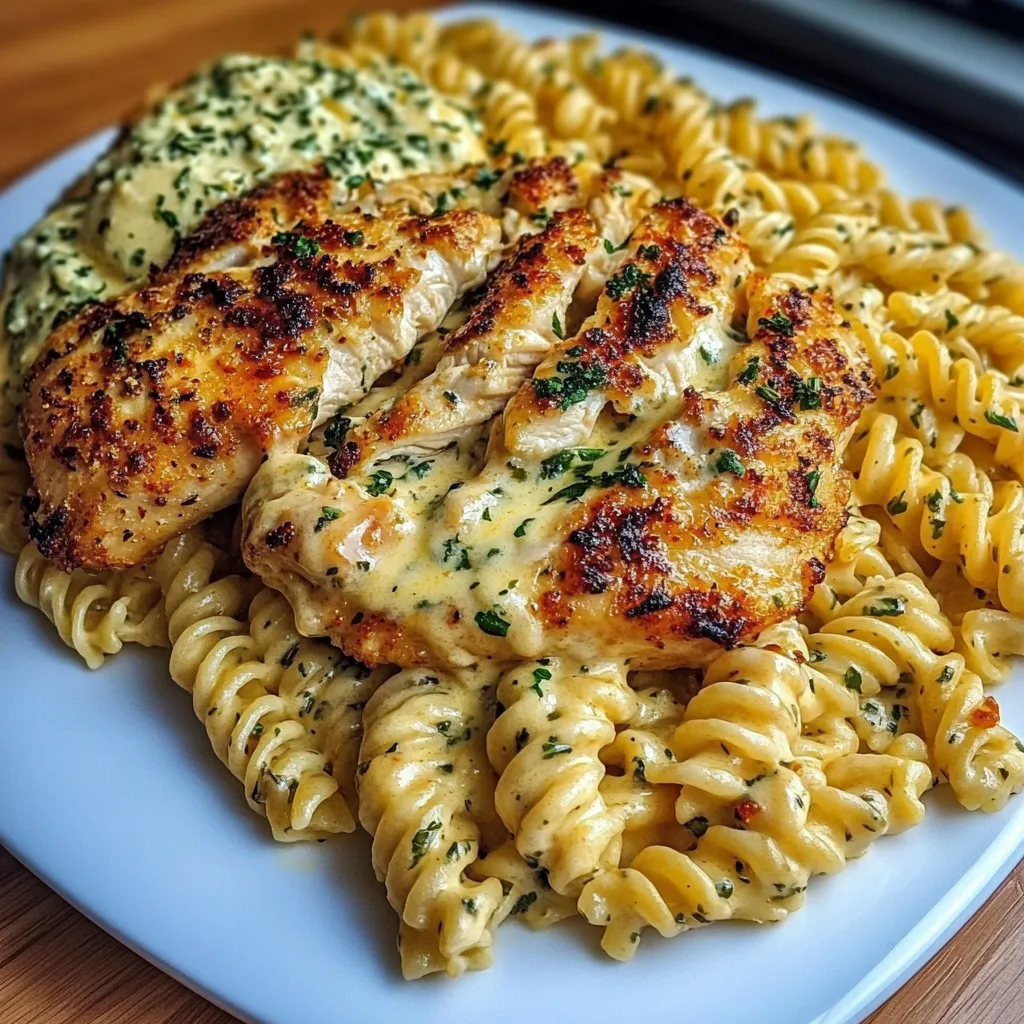 Creamy Garlic Parmesan Chicken with Cheesy Twisted Pasta