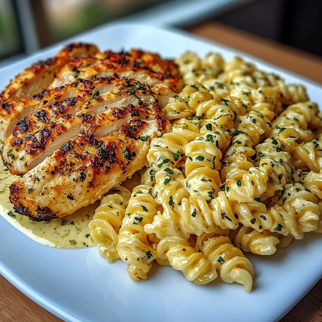 A plate of food with chicken and pasta.