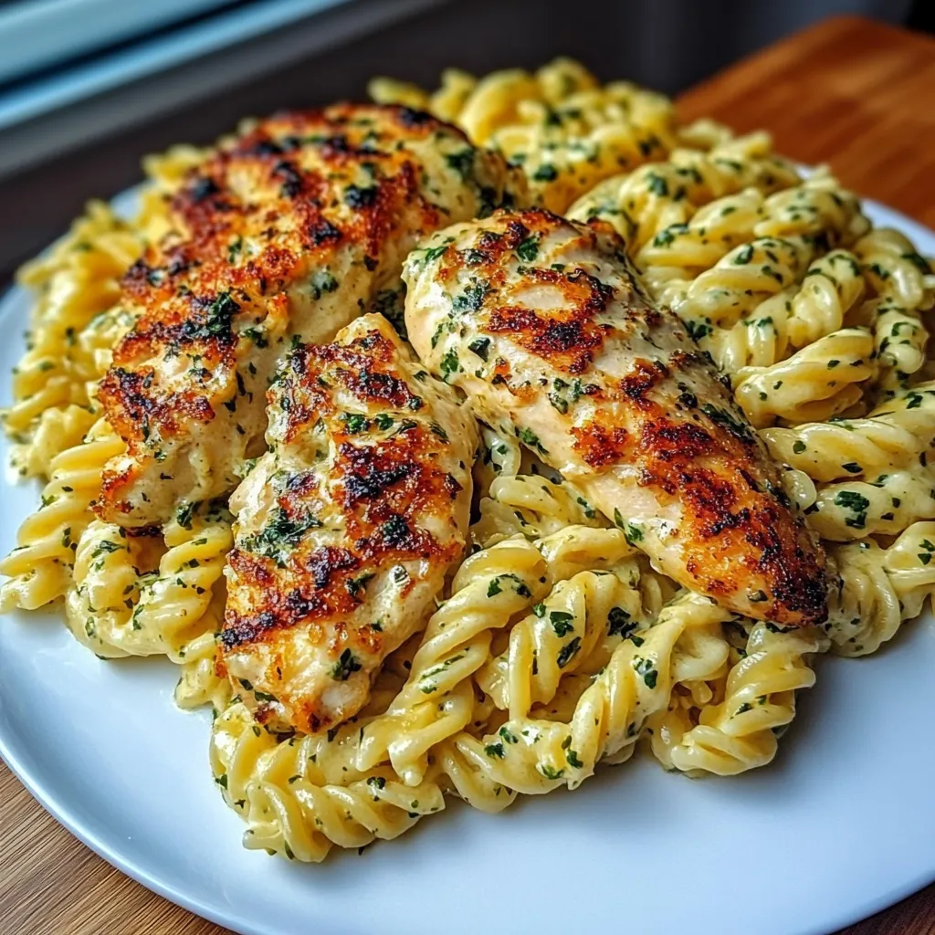 A plate of food with chicken and pasta.