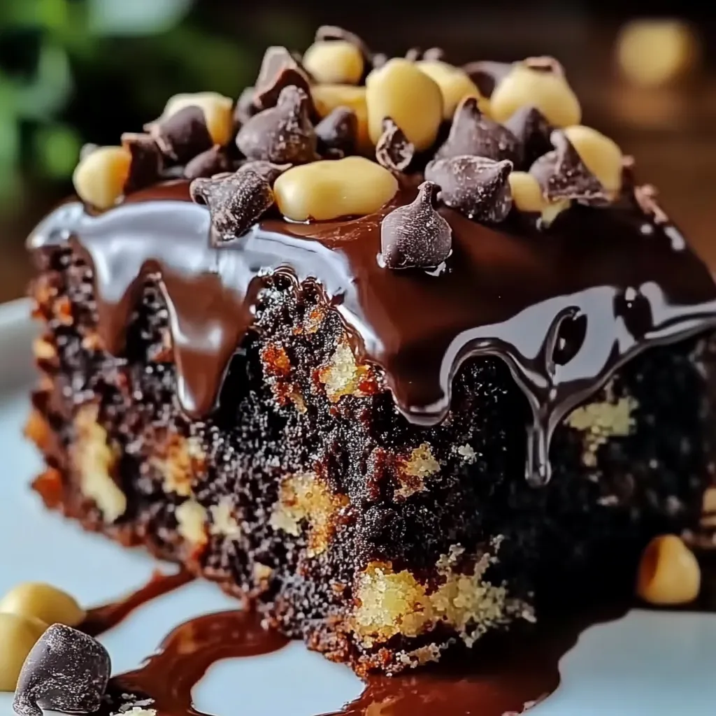 A slice of chocolate cake with chocolate drizzle.