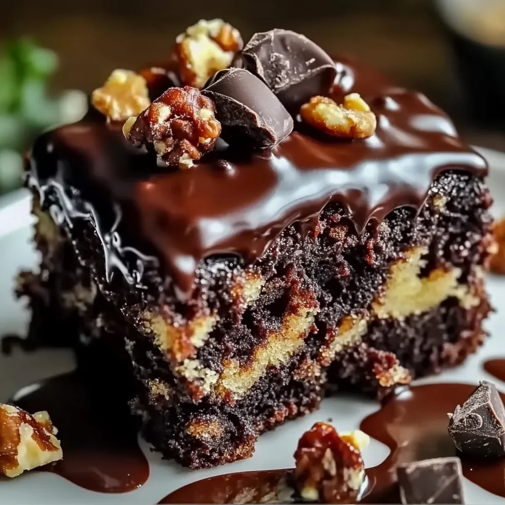 A slice of chocolate cake with walnuts.
