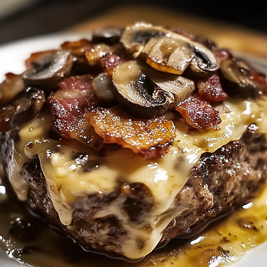 A close up of a hamburger with mushrooms on top.