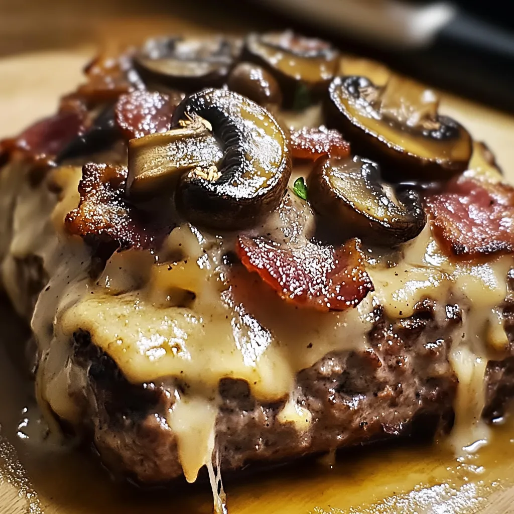 A close up of a piece of meat with mushrooms on top.