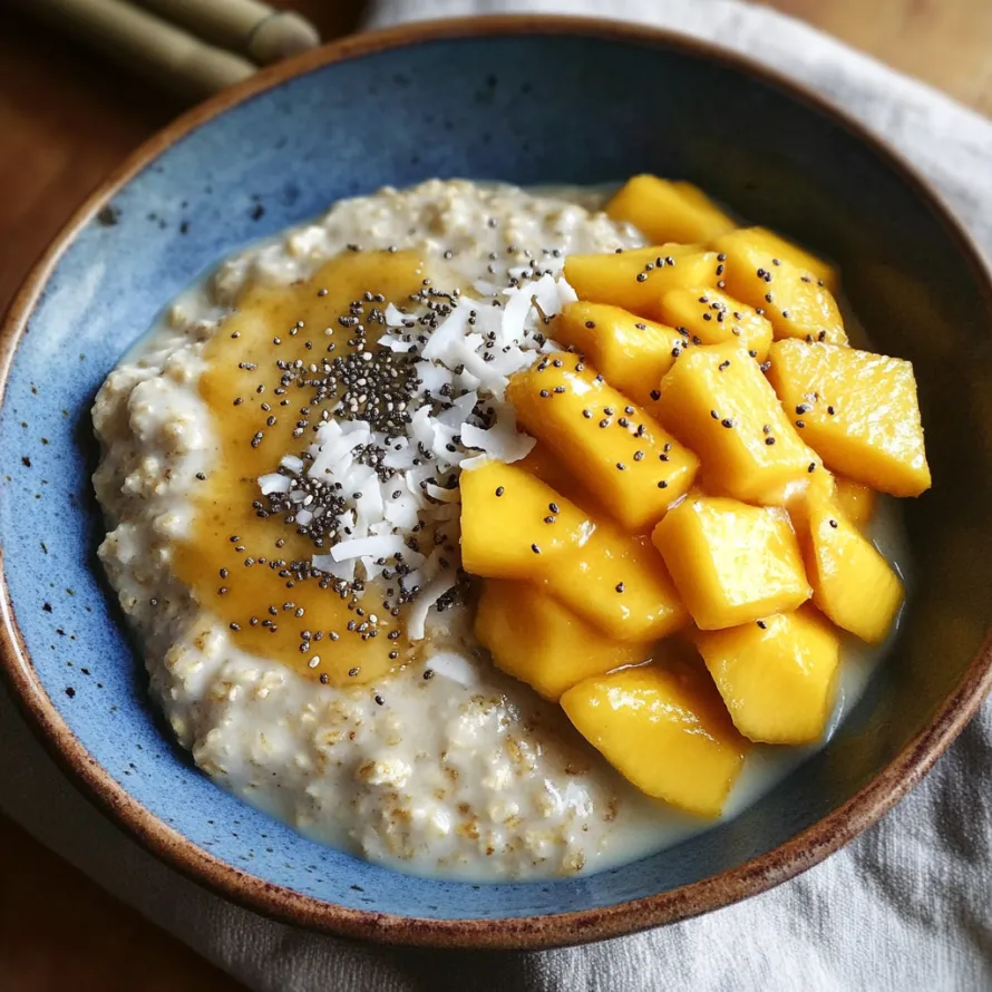 A bowl of oatmeal with sliced mango on top.