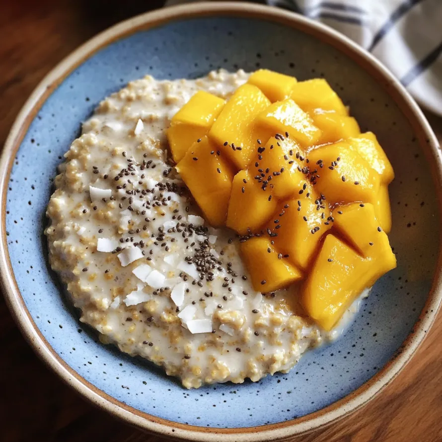 A bowl of oatmeal with sliced mango on top.