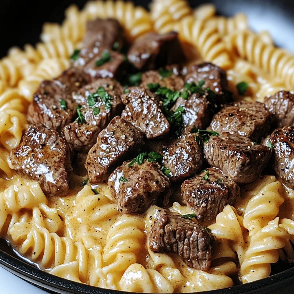 A bowl of pasta with meat on top.