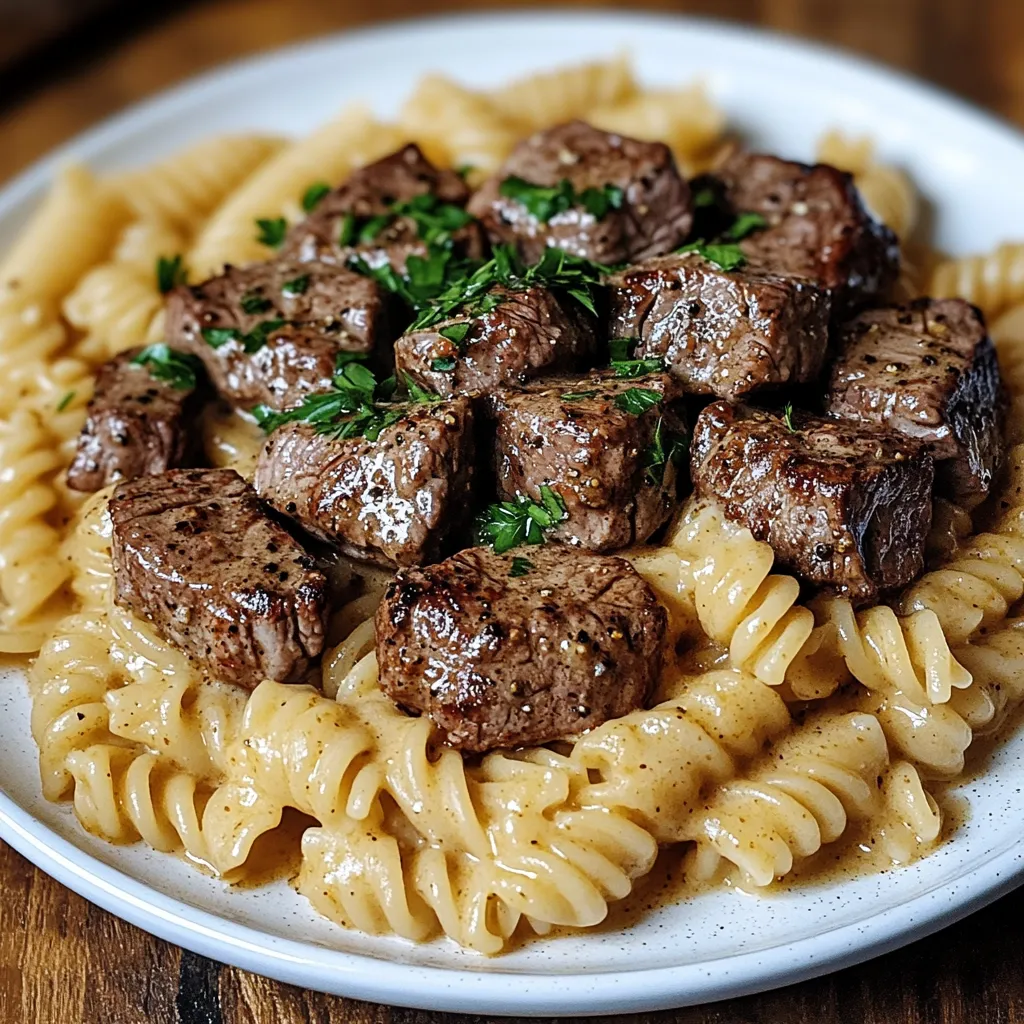 A plate of pasta with meat on top.