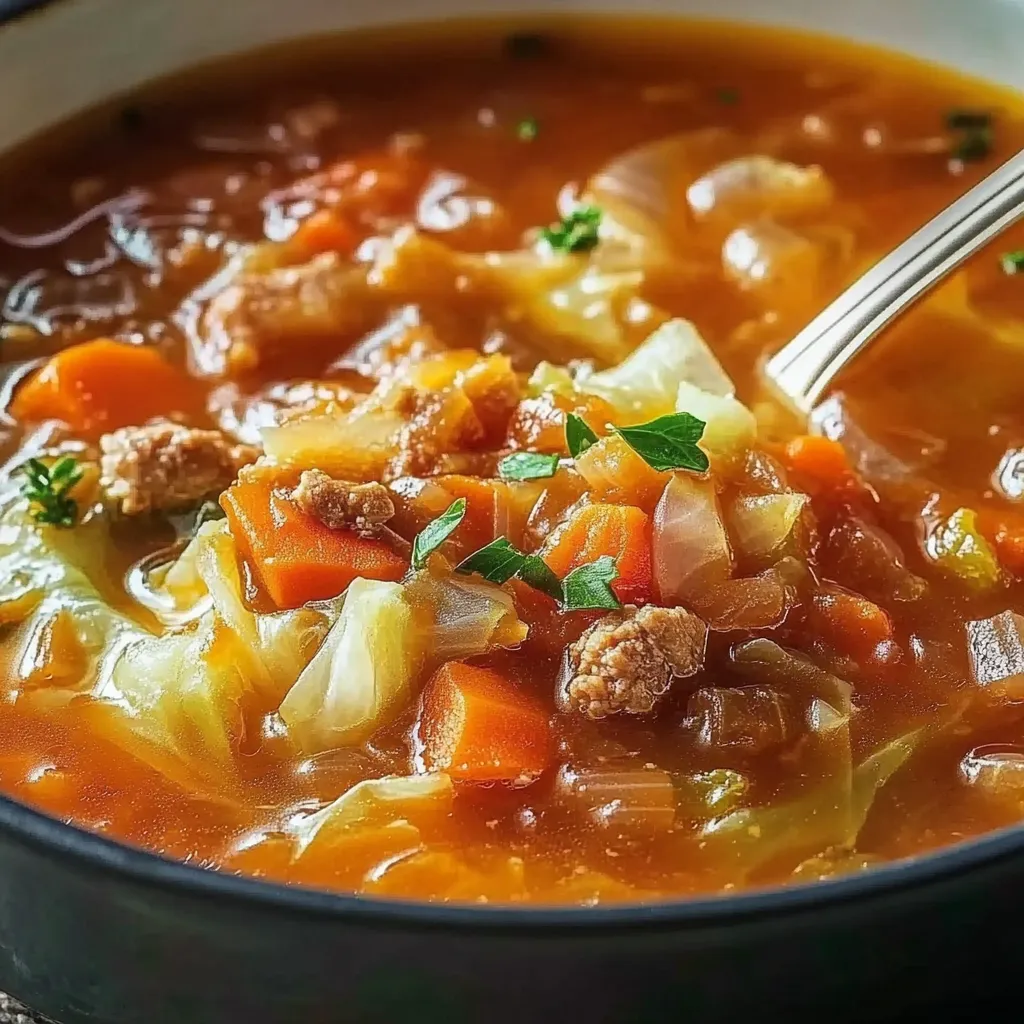 A bowl of soup with meat and vegetables.