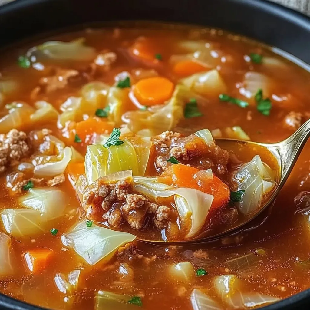 A bowl of soup with a spoon in it.