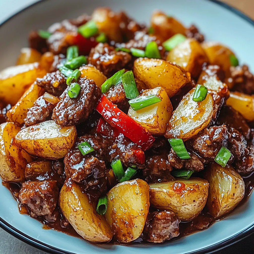 A bowl of beef and potatoes.
