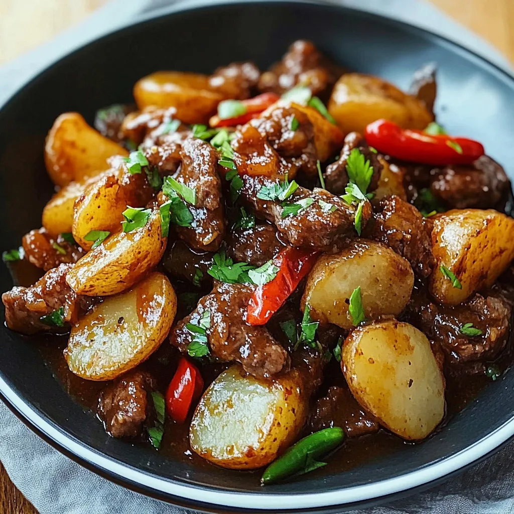 A bowl of meat and potatoes.