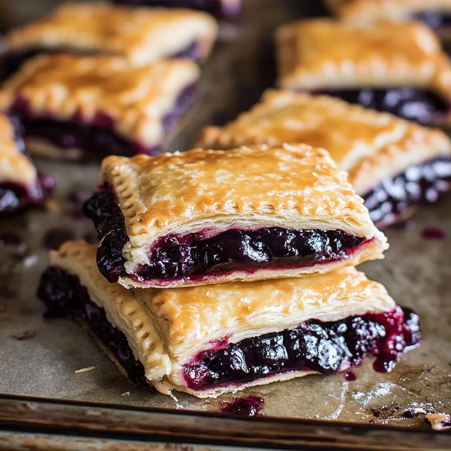 A tray of blueberry pies.