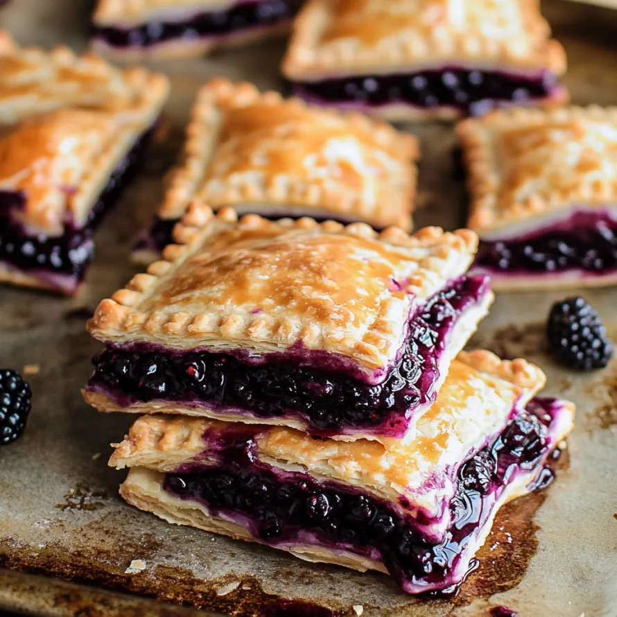 A stack of blueberry tarts on a tray.