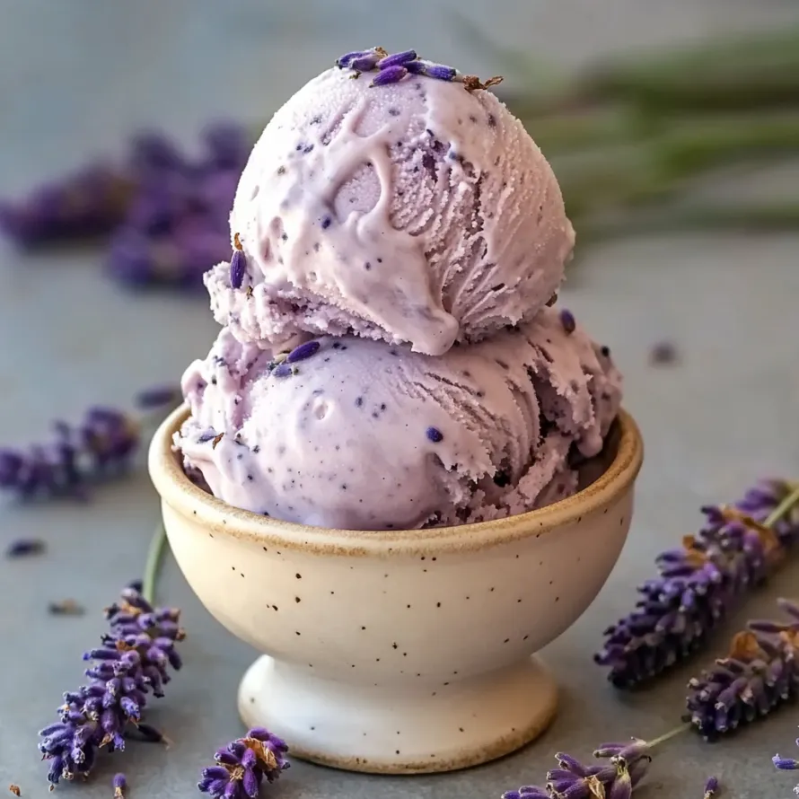 A bowl of purple ice cream with lavender flowers.