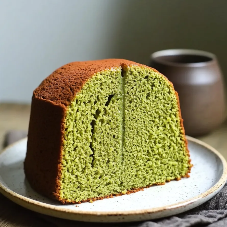 A slice of green cake on a plate.