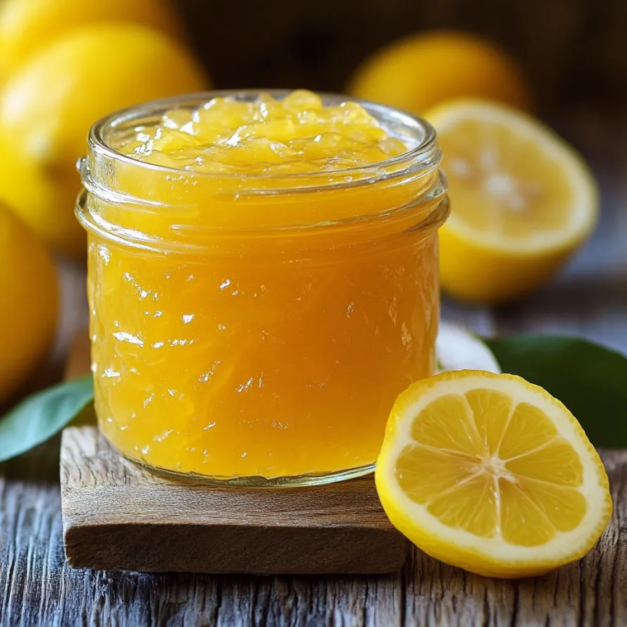 A jar of lemon jam with a lemon slice on top.