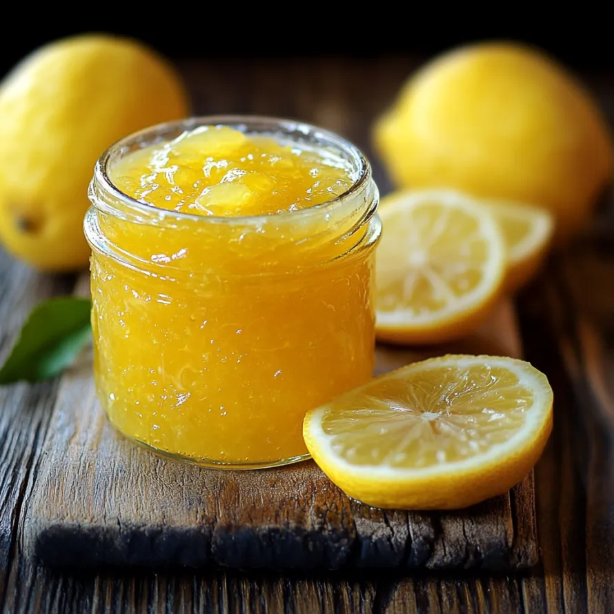 A jar of lemon jam with a lemon on top.