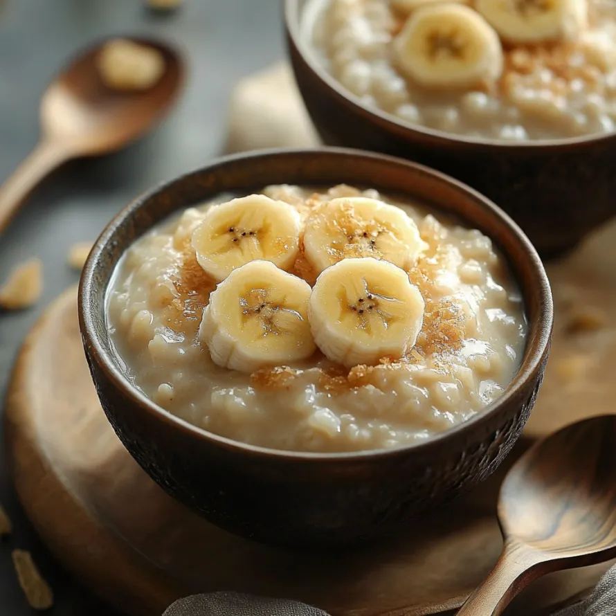 A bowl of oatmeal with bananas on top.