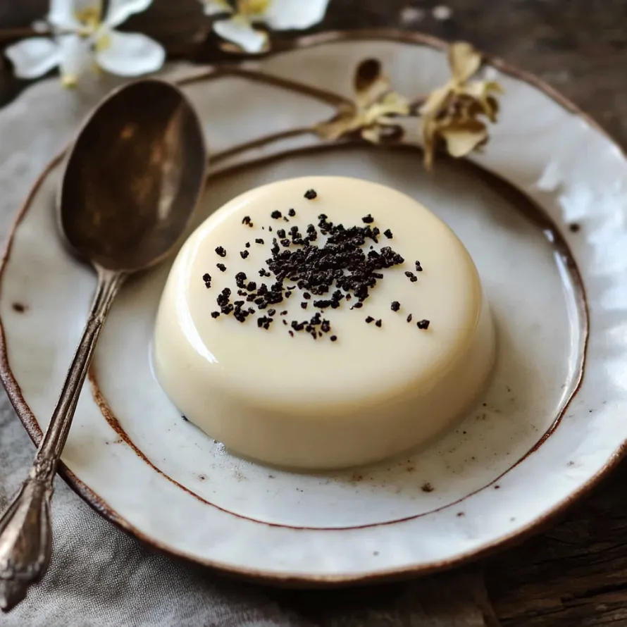 A plate with a spoon and a dessert.