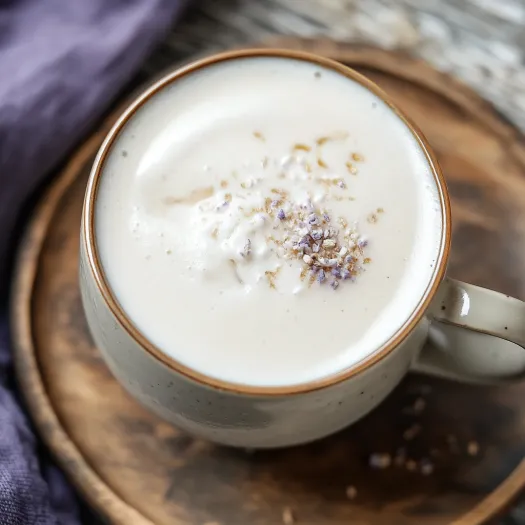 A cup of coffee with a sprinkle of purple flowers.