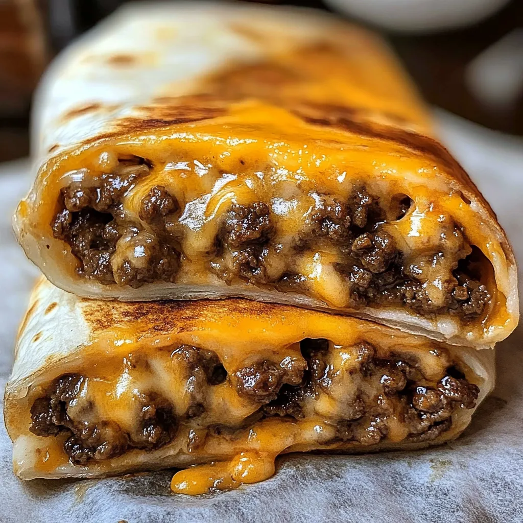 A burrito with cheese and meat on it.