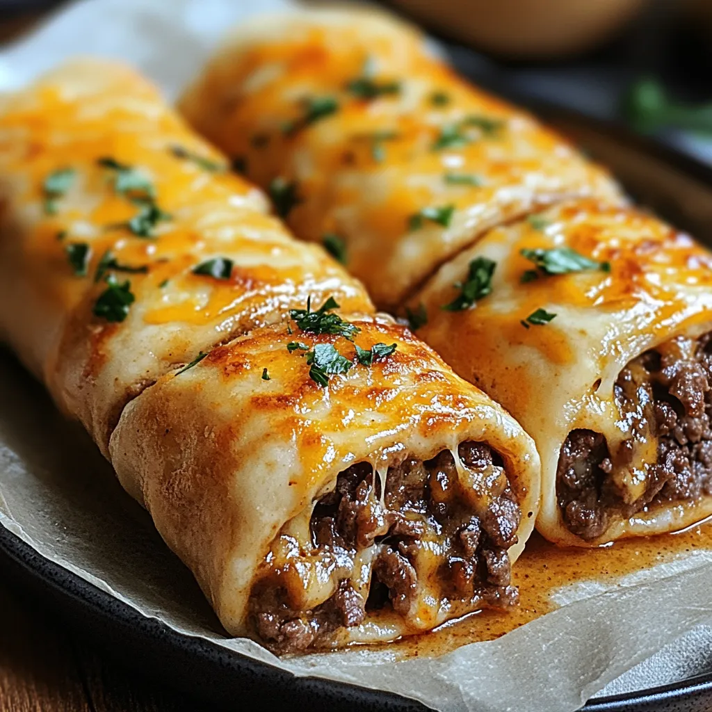 Two cheese and meat filled burritos on a plate.