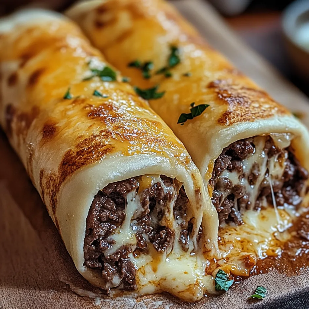 A cheese and meat filled burrito on a wooden table.
