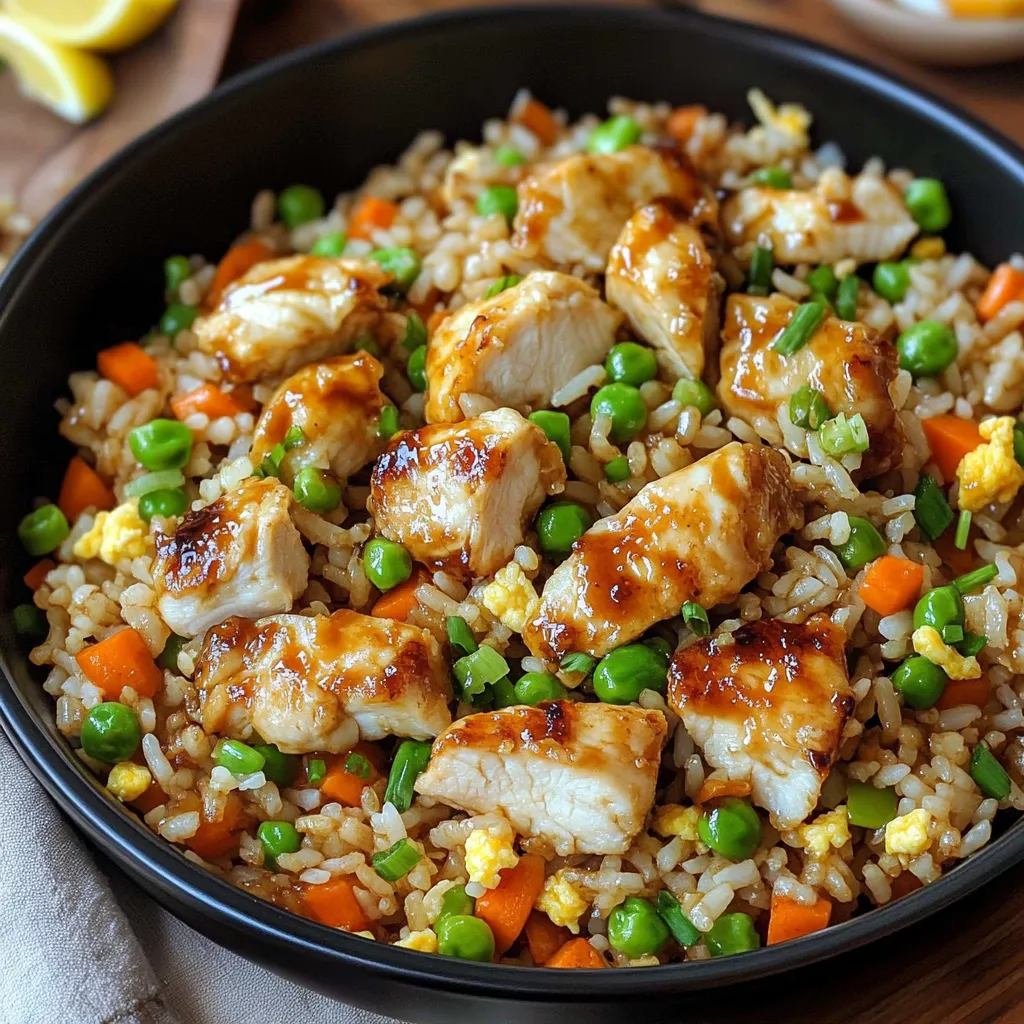 A bowl of rice with chicken and peas.