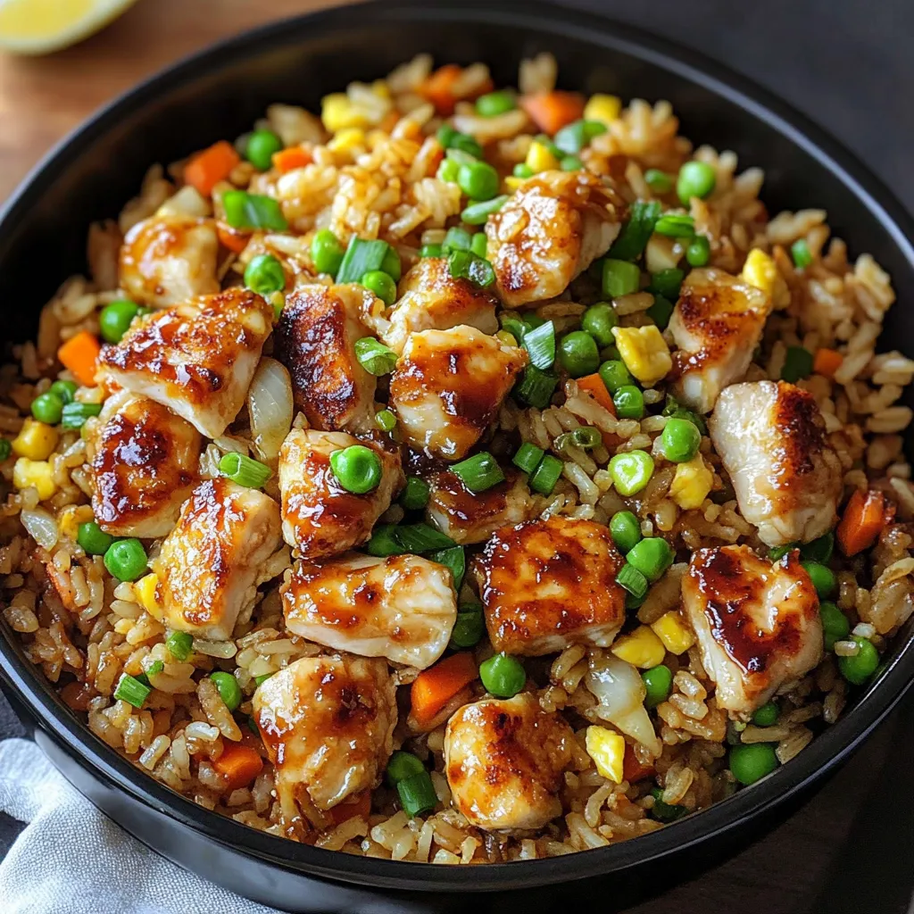 A bowl of rice with chicken and peas.