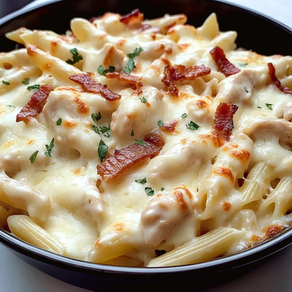 A bowl of pasta with cheese and bacon.