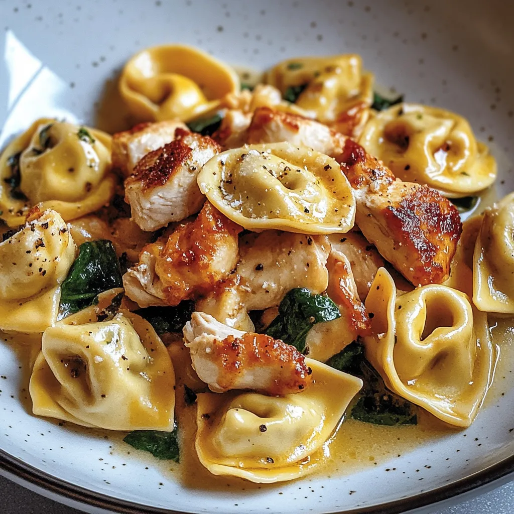 A plate of pasta with chicken and spinach.