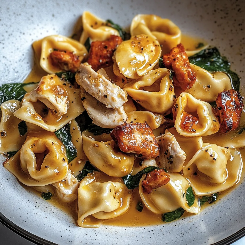 A plate of pasta with meat and greens.