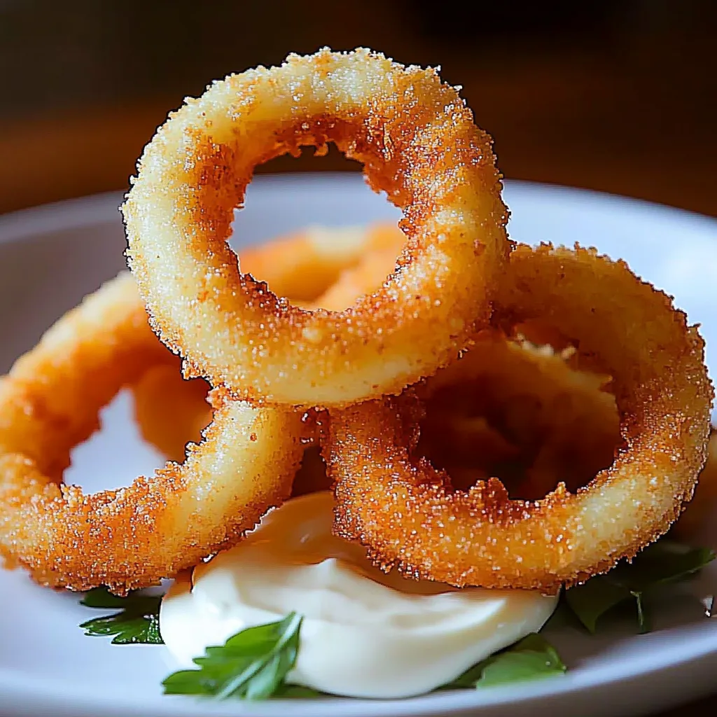 Three fried onion rings on a plate.